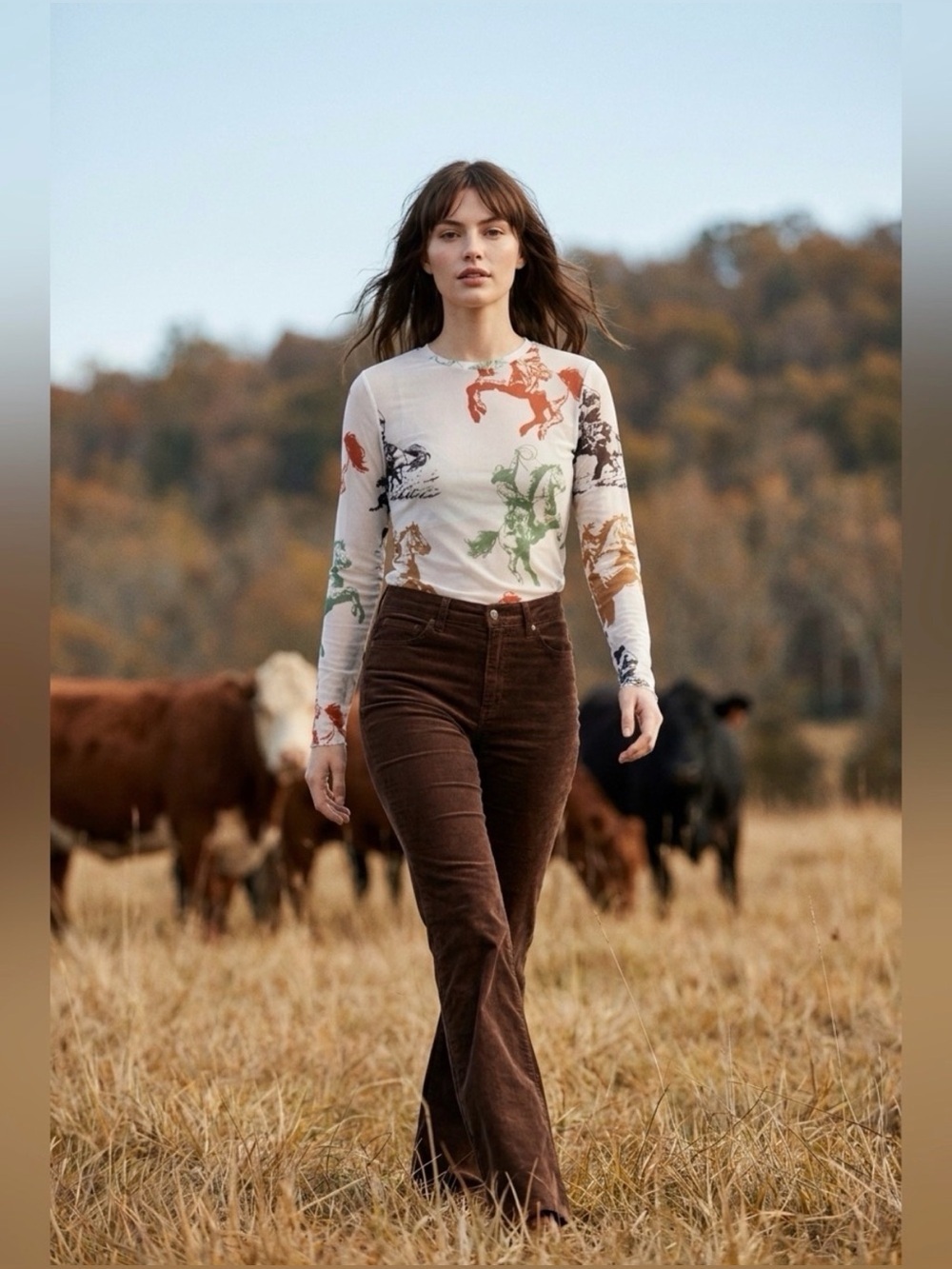 BNWT DAVI & DANI Western Horse Print Mesh Long Sleeve Top